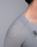 Close-up detail of TheOneOff Krypton Jersey shoulder panel construction in Future Gray ripstop fabric
