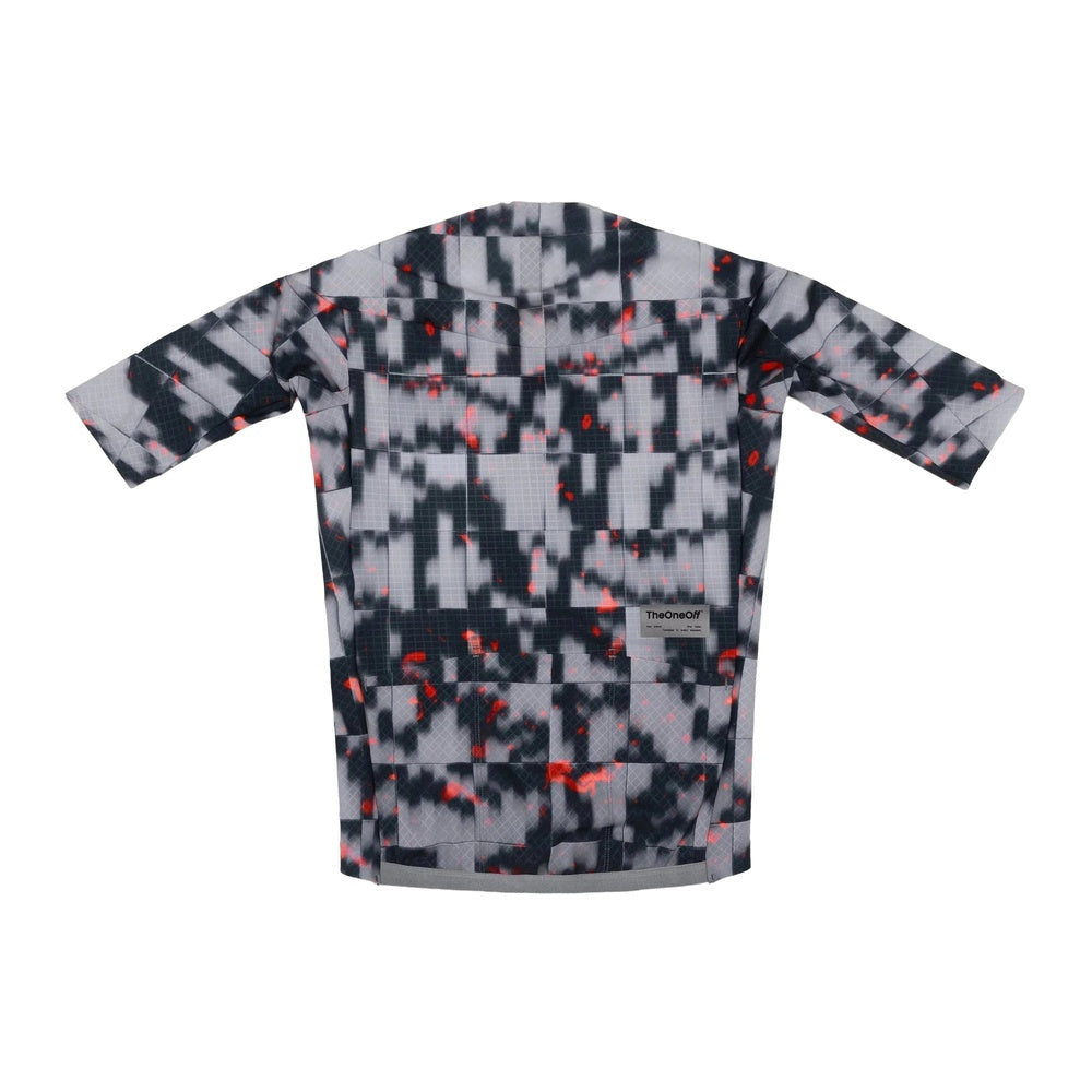 TheOneOff Krypton short sleeve cycling jersey back view, grey digital camo with red accents