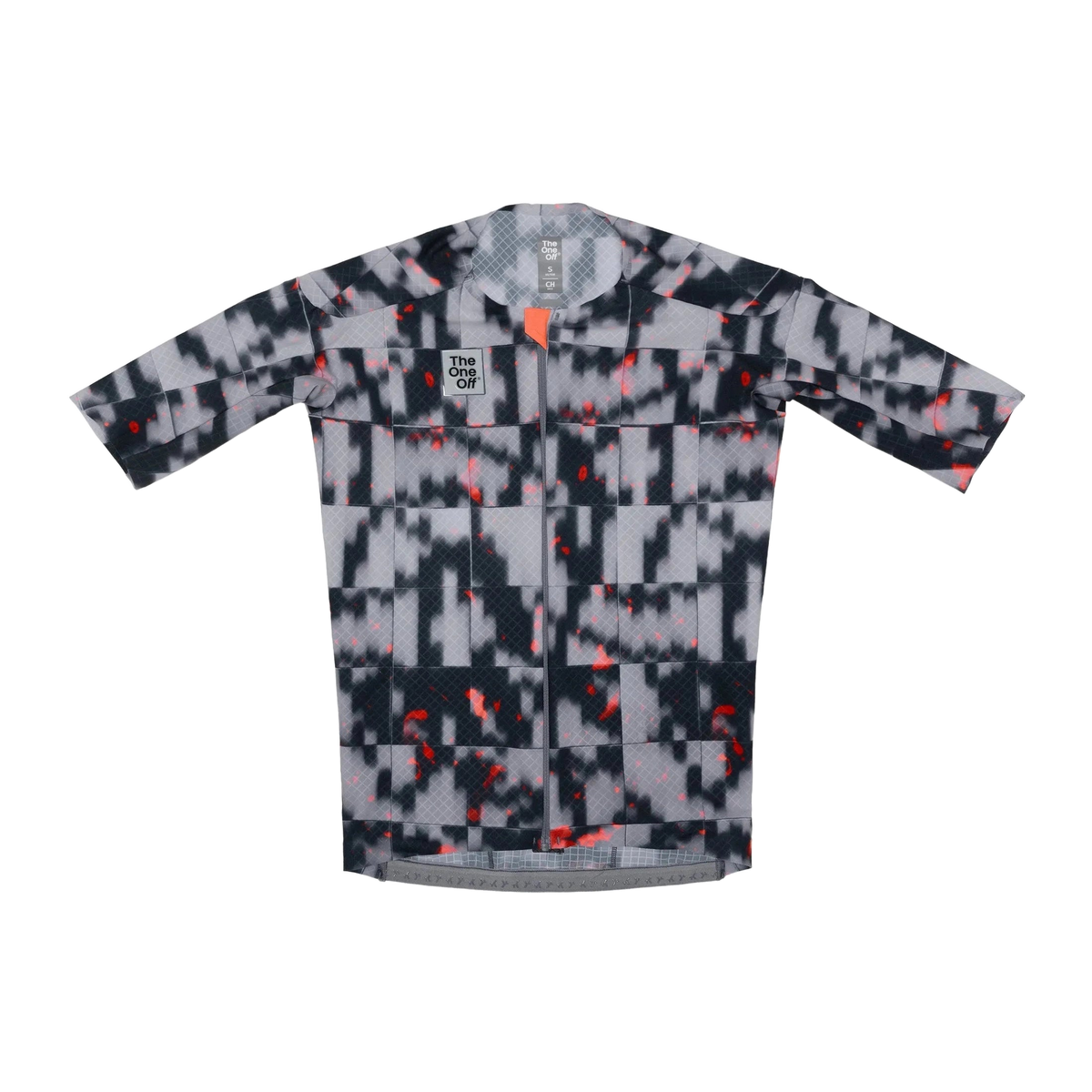 TheOneOff Krypton short sleeve cycling jersey front view on white background, grey digital camo