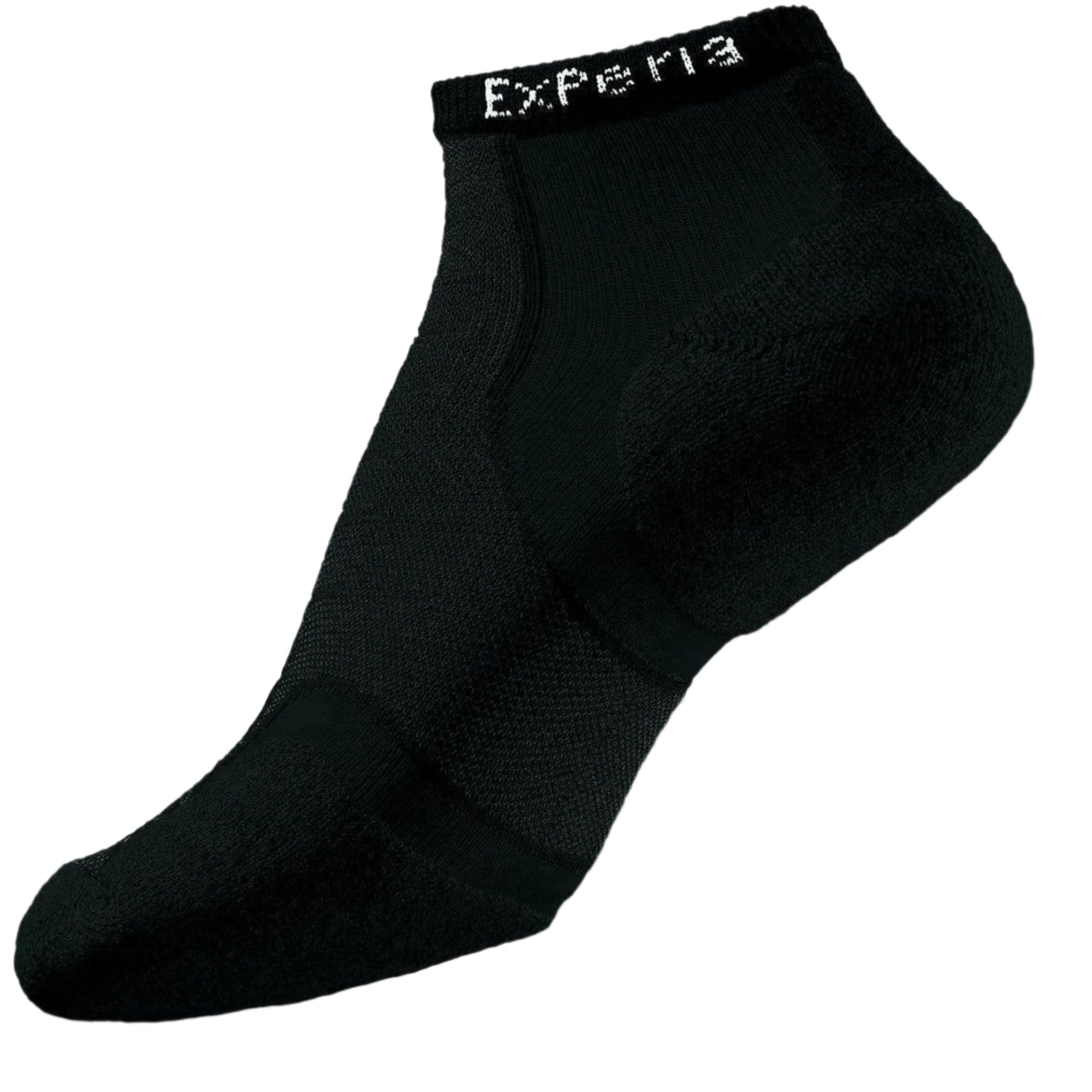 Experia black low-cut running sock with cushioned heel and mesh ventilation panels