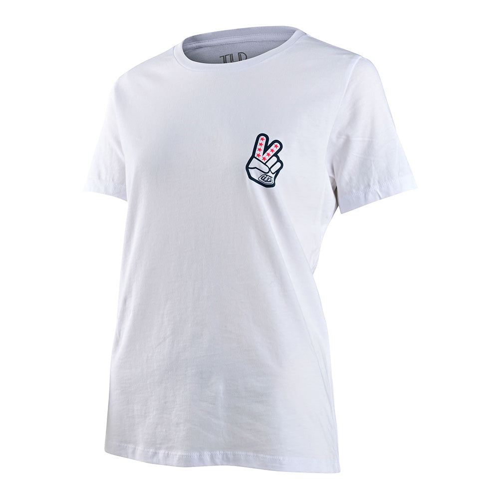 Troy Lee Designs white t-shirt with peace sign hand gesture logo