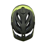 Troy Lee Designs A3 MIPS helmet in olive green with yellow accents, top view
