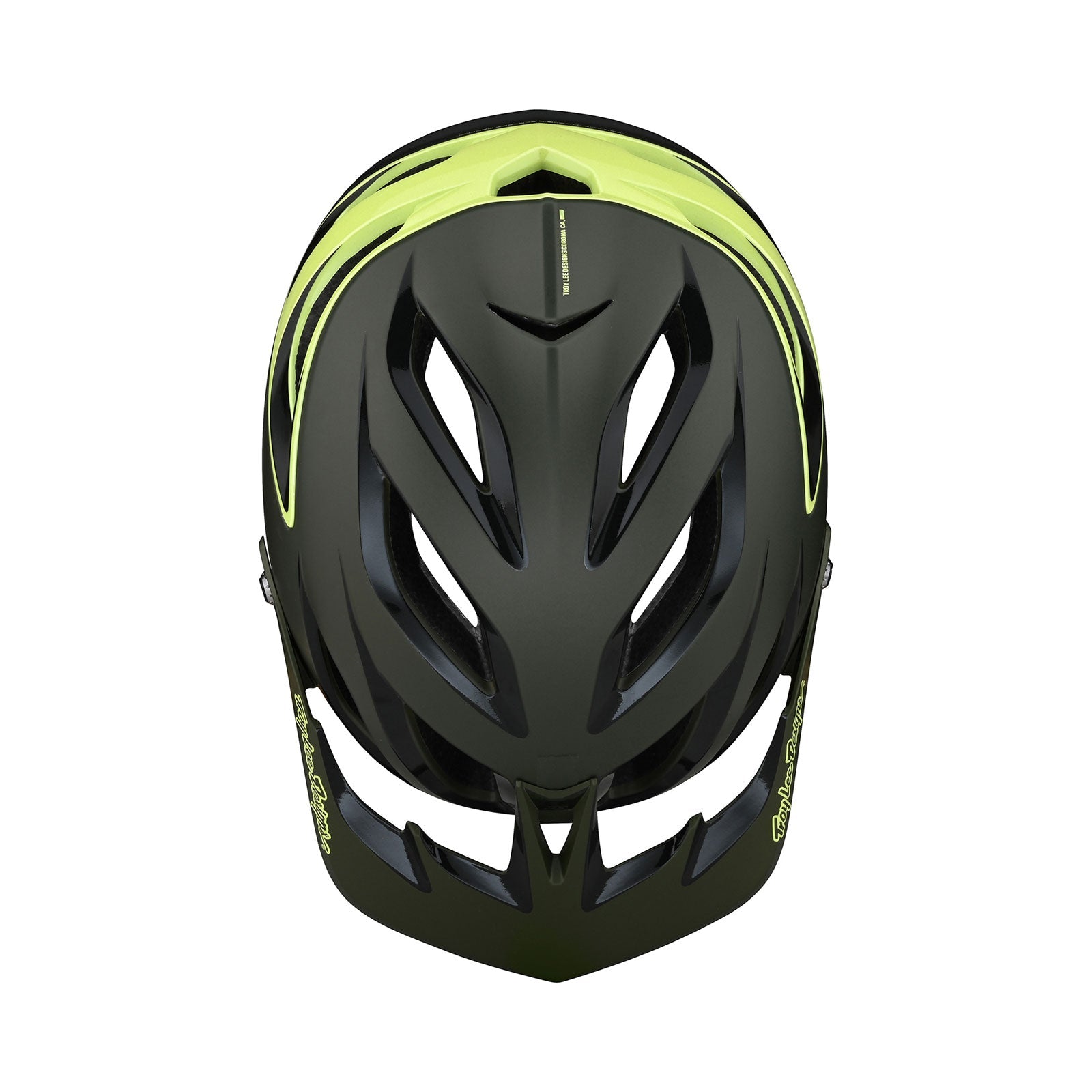 Troy Lee Designs A3 MIPS helmet in olive green with yellow accents, top view