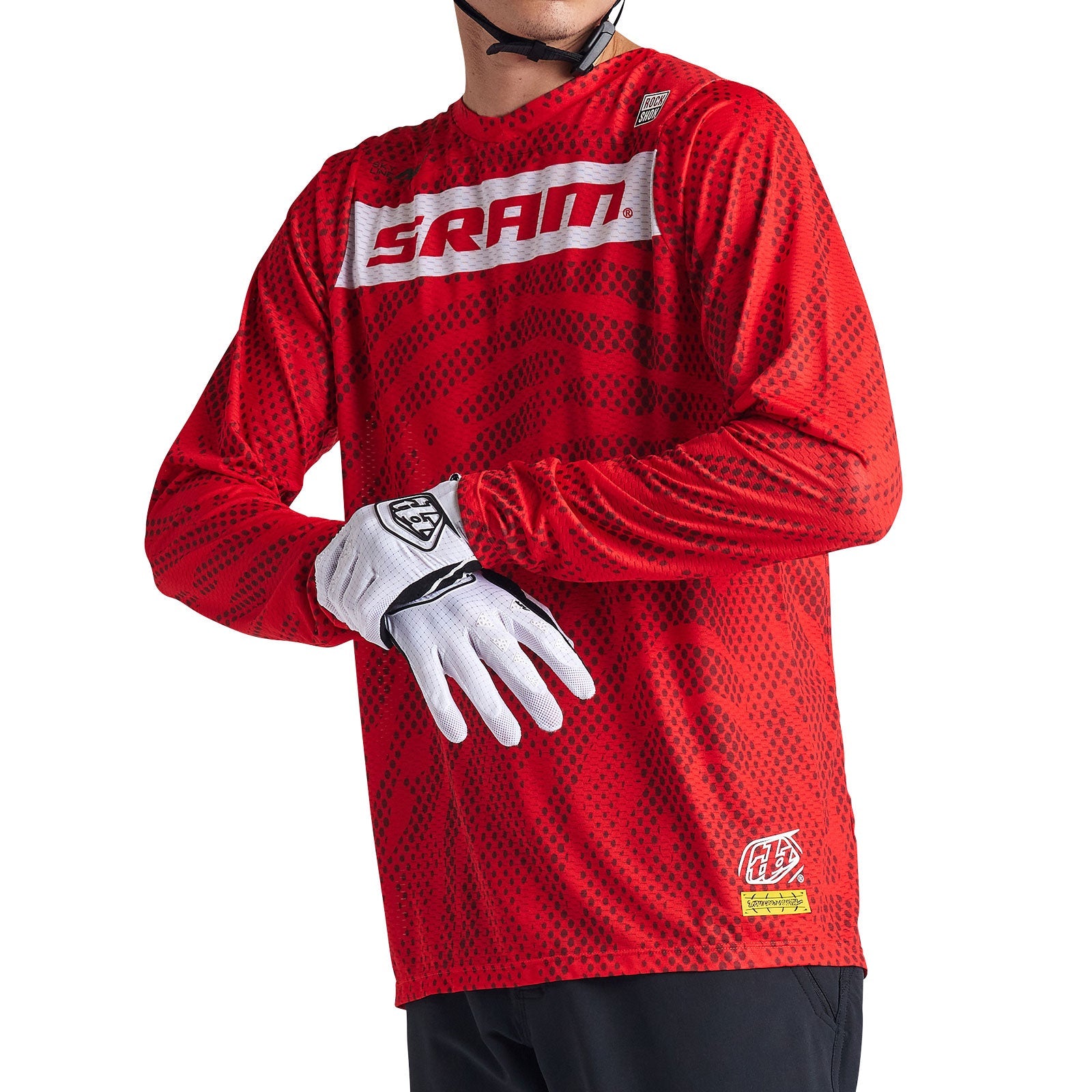 Troy Lee Designs Skyline Air LS Jersey in SRAM Roots Fiery Red with geometric pattern
