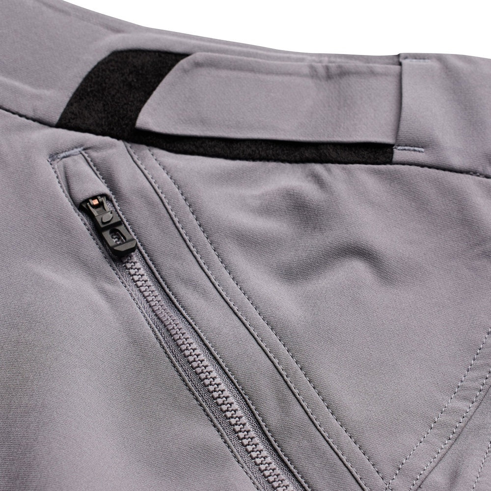 Close-up detail of Troy Lee Designs Skyline Air shorts showing zipper and stitching