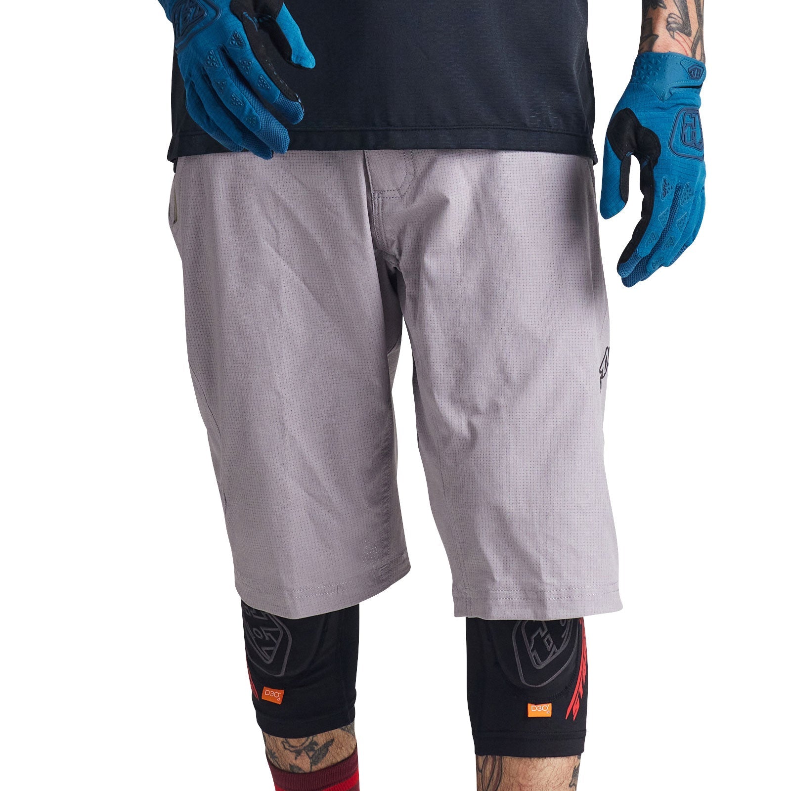 Troy Lee Designs Skyline Air shorts in charcoal with knee pads and gloves