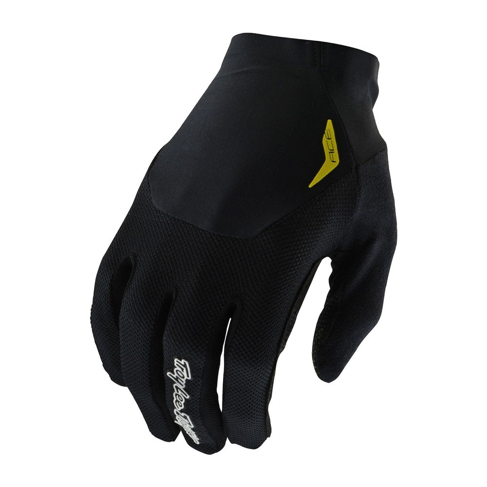 Troy Lee Designs Ace 2.0 glove in black with olive yellow accent logo on white background