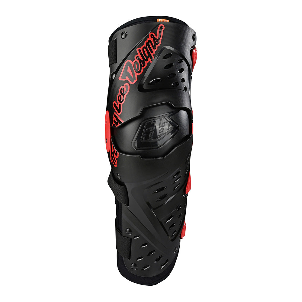 Troy Lee Designs black knee shin guard with red logo and accents