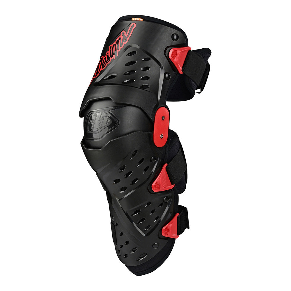 Troy Lee Designs black knee shin guards with red accents and TLD branding