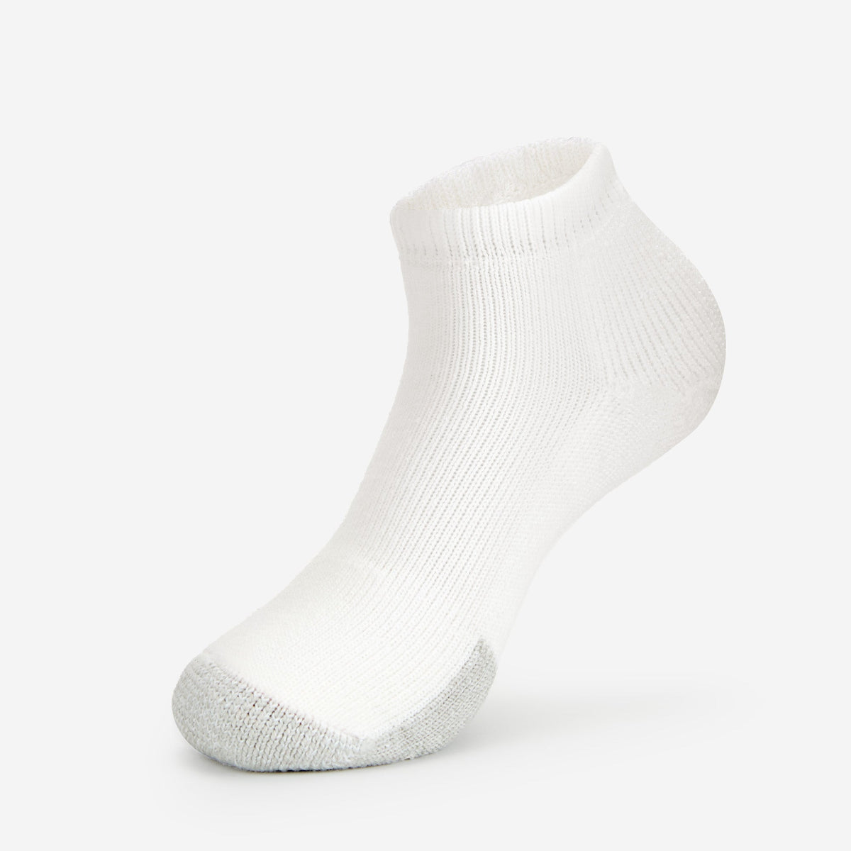 Thorlos white ankle tennis sock with grey cushioned toe on clean white background
