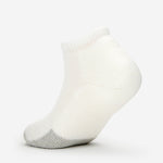 Thorlos white ankle tennis sock with gray toe cushioning on clean background
