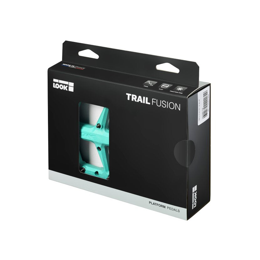 Look Trail Fusion platform pedals in ice blue color in retail packaging box