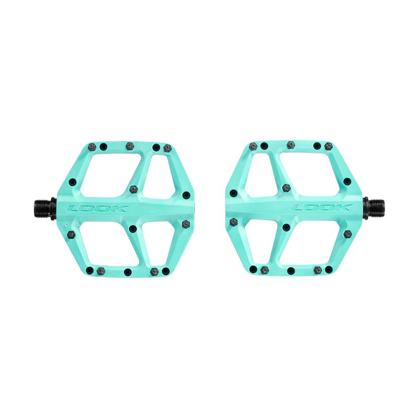 Look Trail Fusion ice blue bicycle pedals with hexagonal shape and grip pins