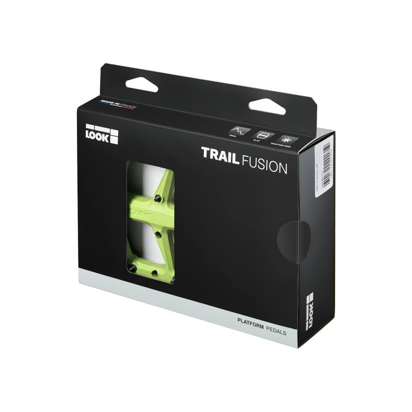 Look Trail Fusion platform pedals in lime green color in retail packaging box