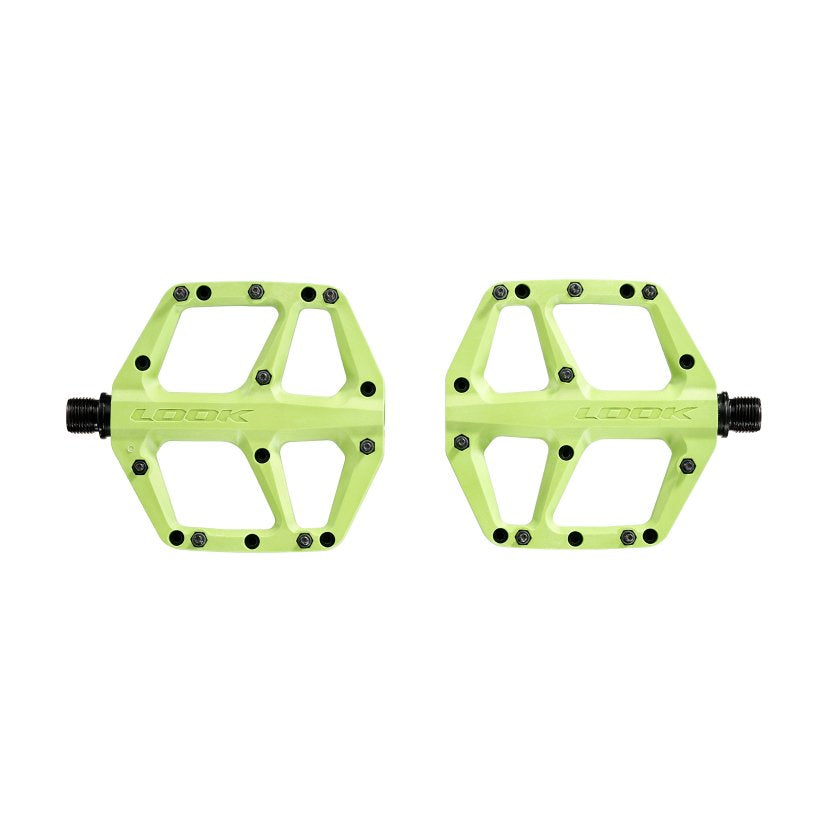 Look Trail Fusion bicycle pedals in lime green with black pins