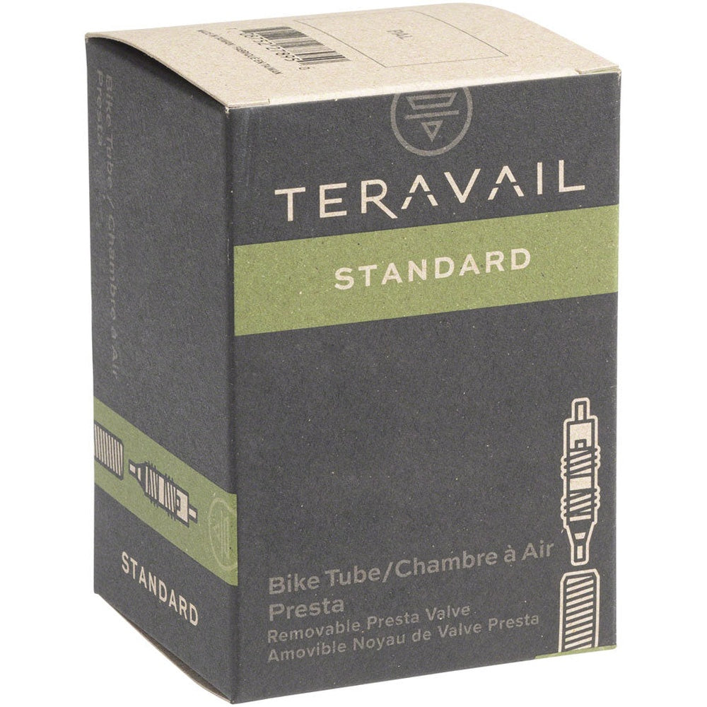 Teravail Standard bike tube box with Presta valve, dark gray and green packaging