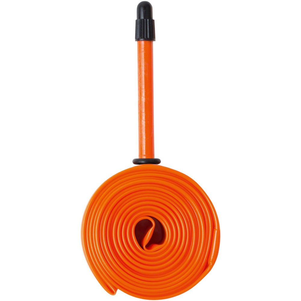 Orange Tubolito road bike inner tube with Presta valve on white background