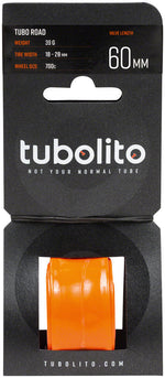 Tubolito road bike tube in orange packaging with 60mm valve length