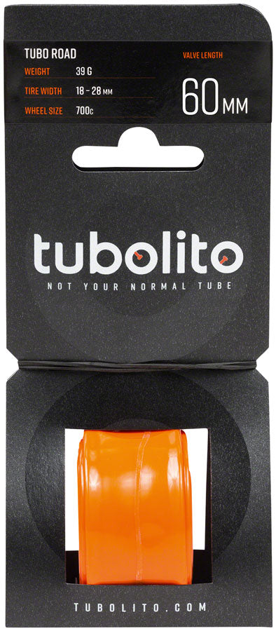 Tubolito road bike tube in orange packaging with 60mm valve length