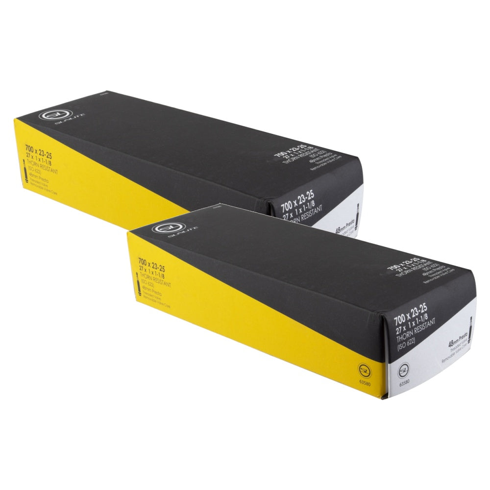 Two Sunlite bicycle inner tubes in yellow and black retail packaging