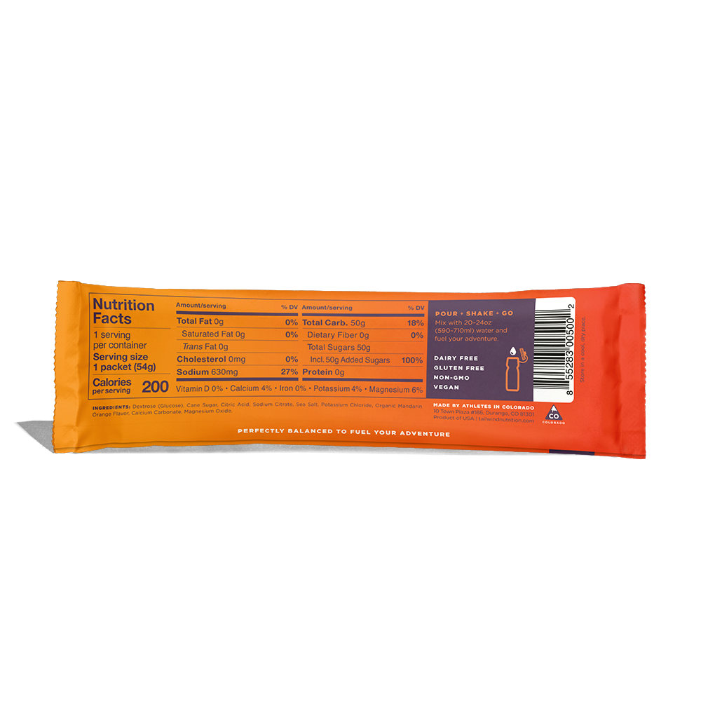 Tailwind Endurance Fuel Mandarin single-serve packet back showing nutrition facts and 200 calories per serving