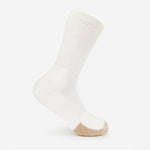 Thorlos white crew tennis sock with tan cushioned toe, shown on foot form