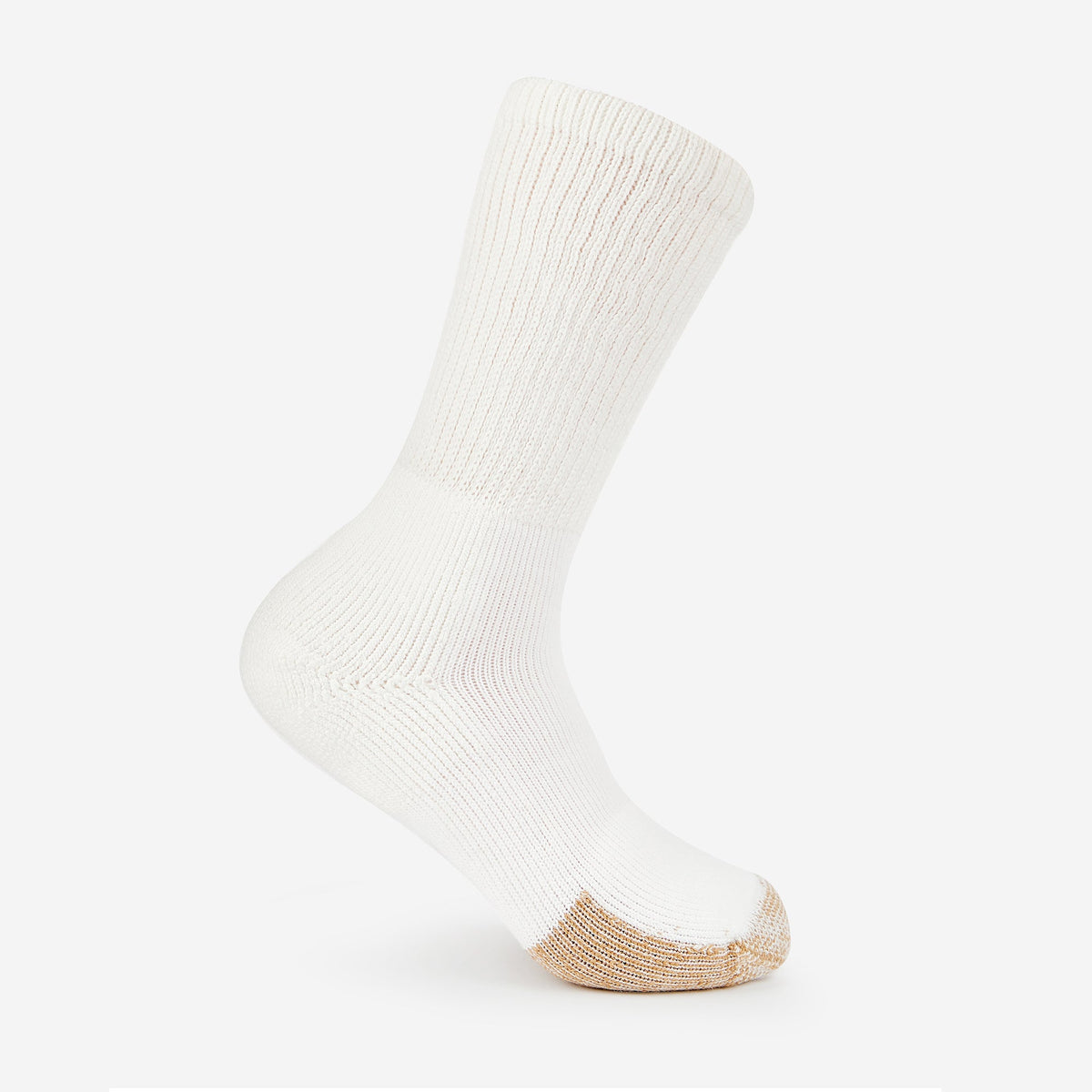 Thorlos white crew tennis sock with tan cushioned toe, shown on foot form