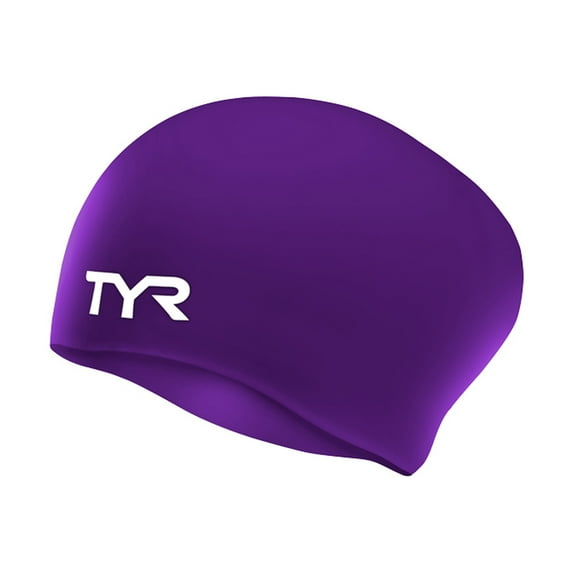 TYR purple silicone long hair swim cap with white logo on clean background