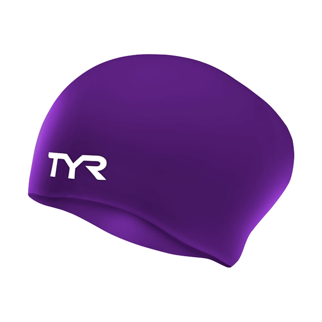 TYR purple silicone long hair swim cap with white logo on clean background