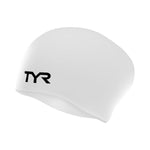 TYR Long Hair Silicone Swim Cap in white with black TYR logo