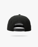 Rear view of Wrld Tags Miami black perforated snapback hat showing adjustable snapback closure