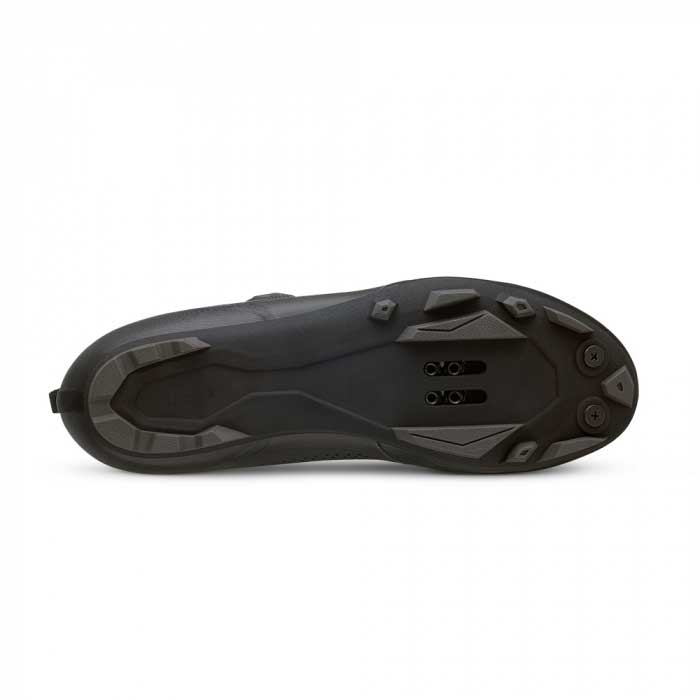 Fizik X5 Terra MTB cycling shoe sole view showing black colorway and cleat compatibility