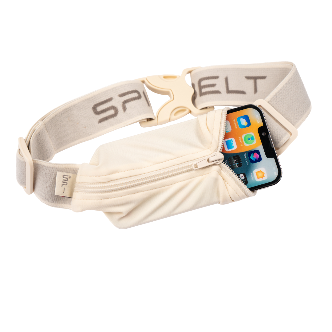 SPIbelt Monochromatic Pro Belt in toasted sesame cream with zipper pocket and phone
