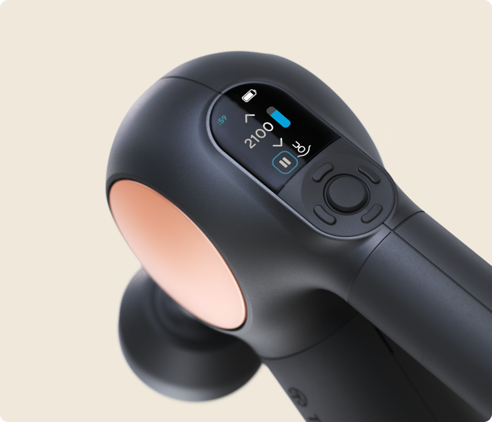 Therabody Theragun Sense percussion massage device in black with digital display showing settings