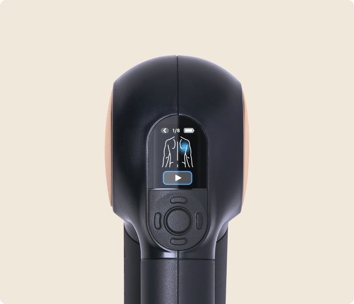 Therabody Theragun Sense black massage device with LCD display showing body diagram