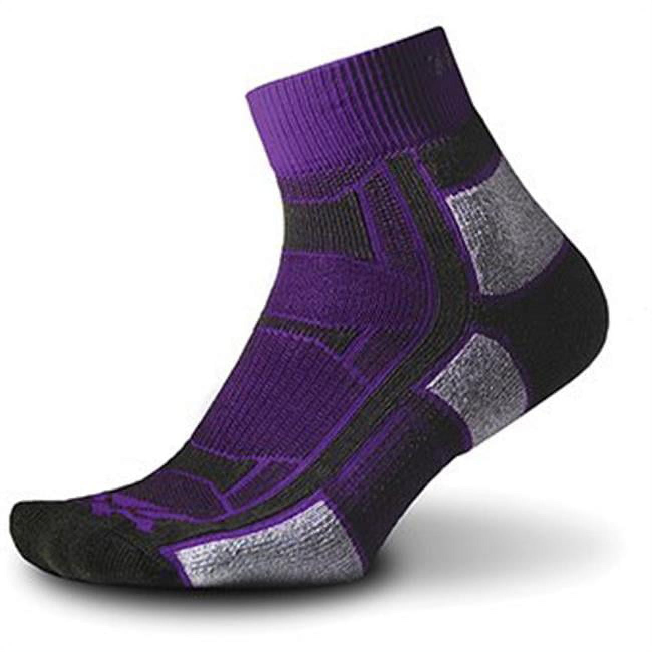 Thorlos purple outdoor athletic quarter sock with black heel and gray padding zones