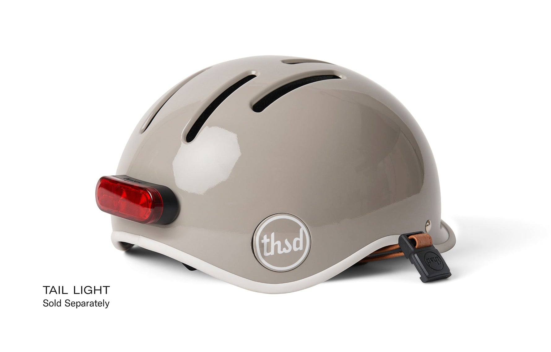 Thousand Heritage 2.0 bicycle helmet in dove grey with red tail light and leather strap