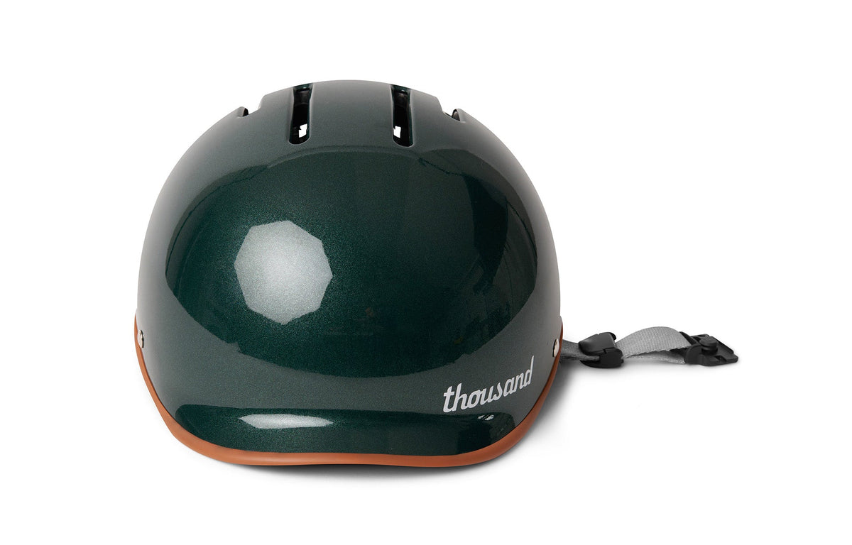 Thousand Heritage 2.0 helmet in British Racing Green with tan leather trim and gray chin strap