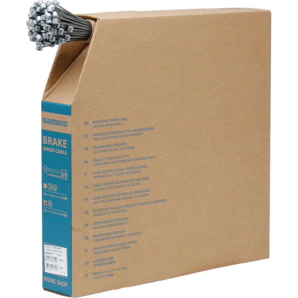 Shimano MTB brake inner cables in brown cardboard box with steel cables visible
