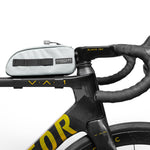 ALMSTHRE gray top tube bike bag mounted on black bicycle handlebars
