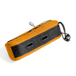 Orange Almsthre top tube bike bag with black mesh panel and charging cable