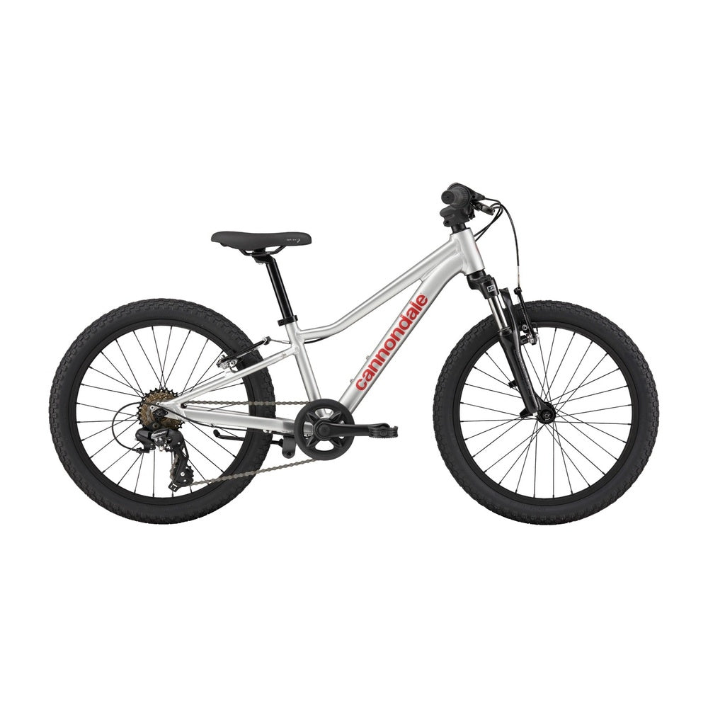 Cannondale Kids Trail 20-inch bicycle in silver with red logo, suspension fork, side profile view