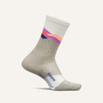 Feetures Trail Max Cushion Mini Crew sock in light gray with colorful stripes