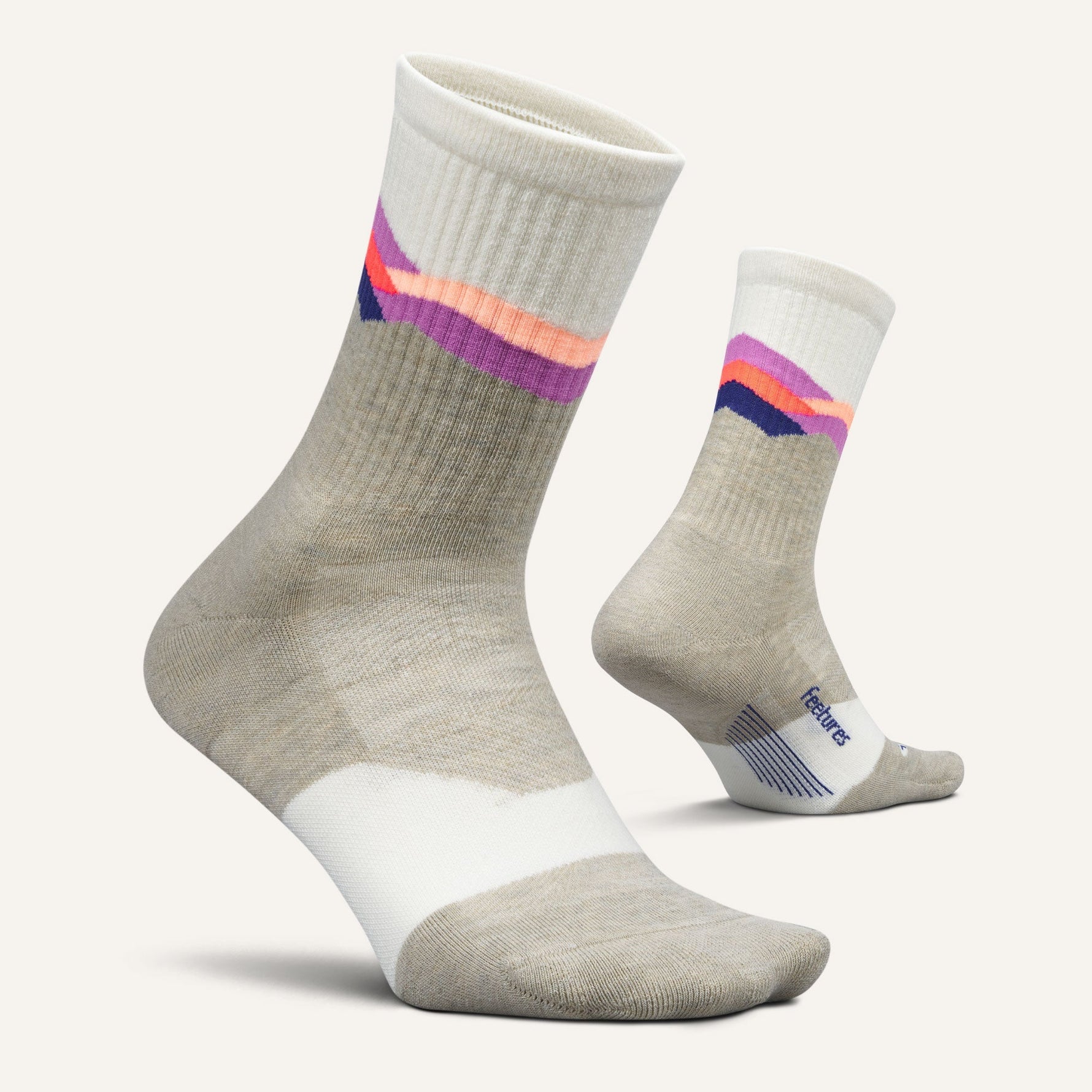 Feetures Trail Max Cushion Mini Crew socks in gray with colorful stripe pattern