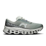 On Cloudmonster 3 running shoe in tin gray with ivory white sole and distinctive cloud pods