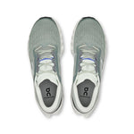 On Cloudmonster 3 running shoes in sage green and ivory, top view showing both shoes
