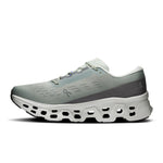 On Cloudmonster 3 running shoe in tin gray and ivory colorway, side profile view
