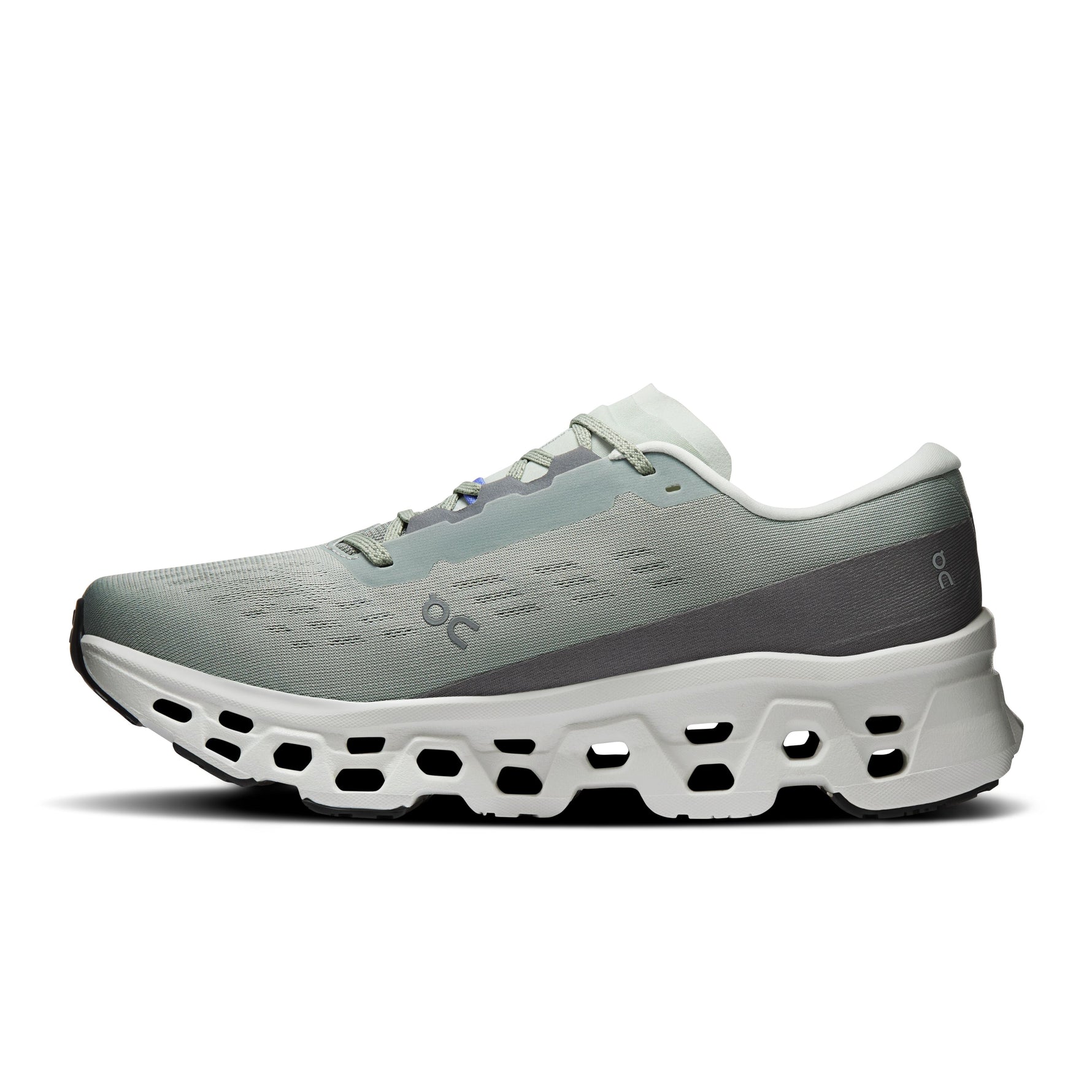 On Cloudmonster 3 running shoe in tin gray and ivory colorway, side profile view