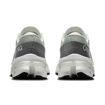 On Cloudmonster 3 running shoes in tin and ivory colorway, rear view