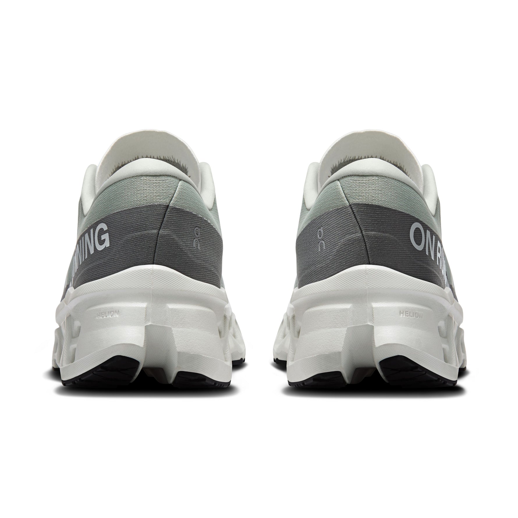 On Cloudmonster 3 running shoes in tin and ivory colorway, rear view